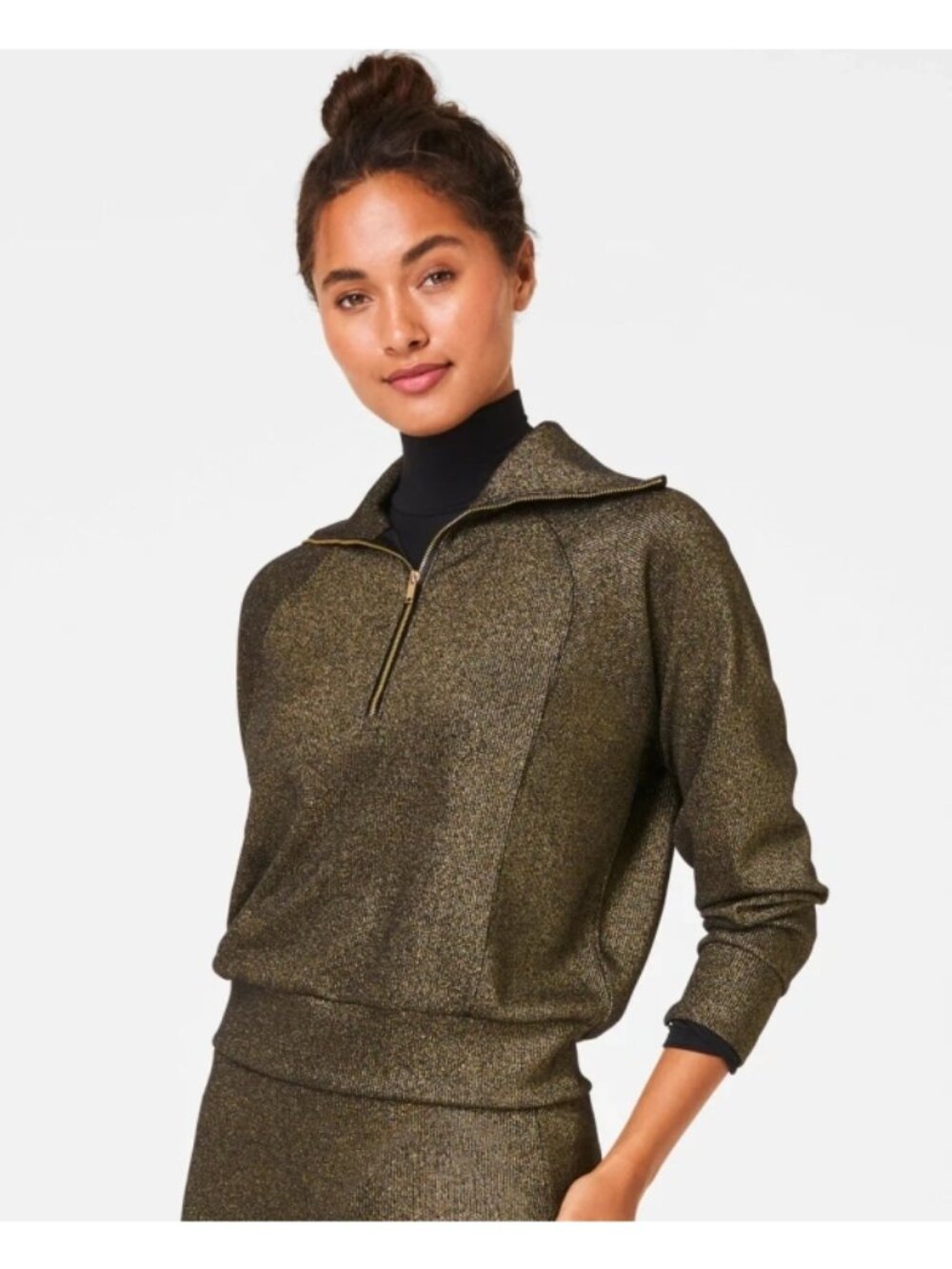Spanx AirEssentials Half Zip Shimmer Very Black Gold Shine Knit V-Neck Sweater S